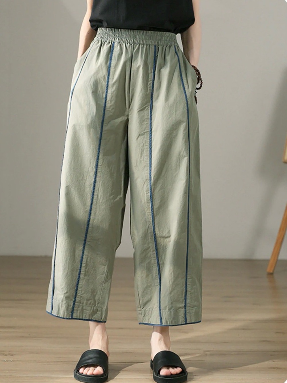 BUYKUD Women Wide Leg Pants Frint Pockets Casual Colorblock 100% Cotton Size 3XL